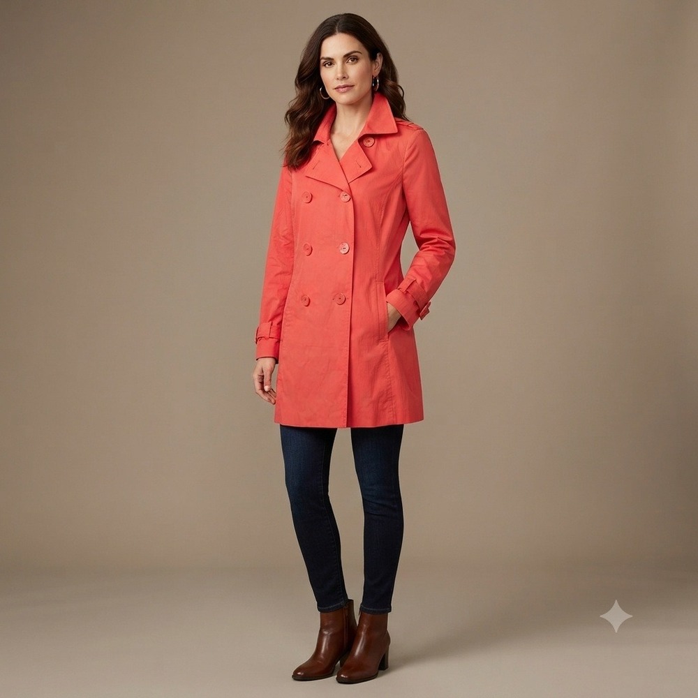 Tahari Coral Double-Breasted Trench Coat Jacket (No Belt) Coral Medium